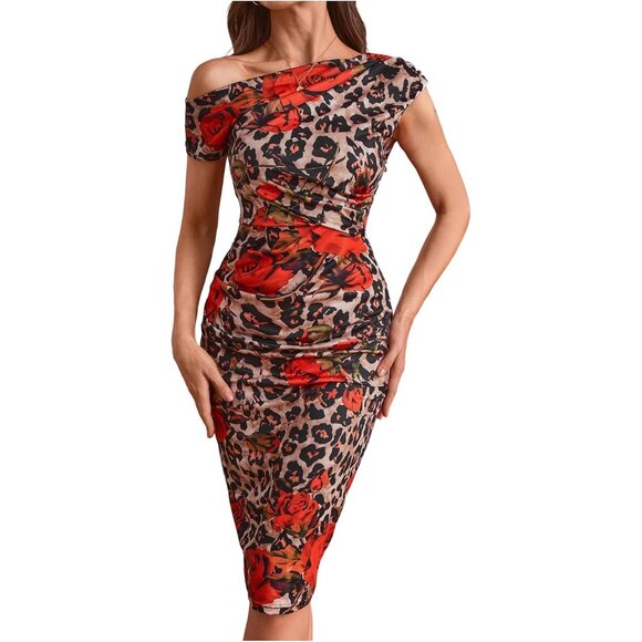 Dresses & Skirts - Women's Off Shoulder Midi Dress Leopard Floral Short Sleeve Stretch